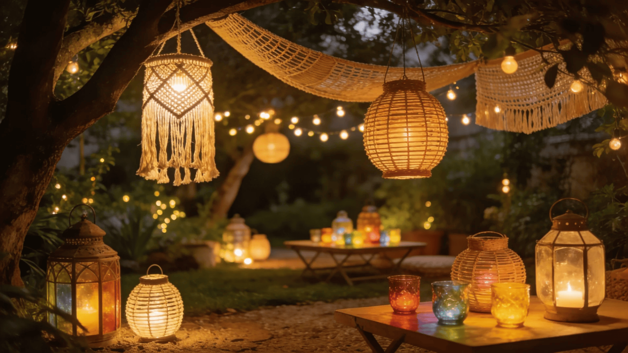 outdoor seating area with hanging lanterns string lights and colorful candles glowing at night