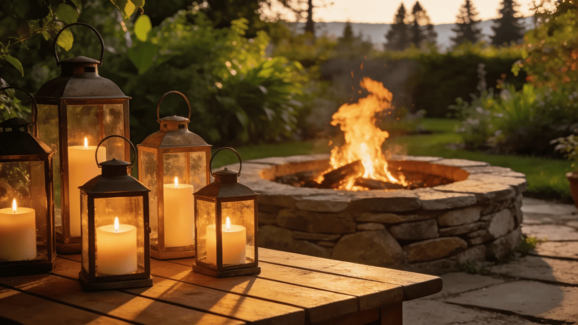 outdoor table with lantern candles beside stone fire pit burning in garden setting
