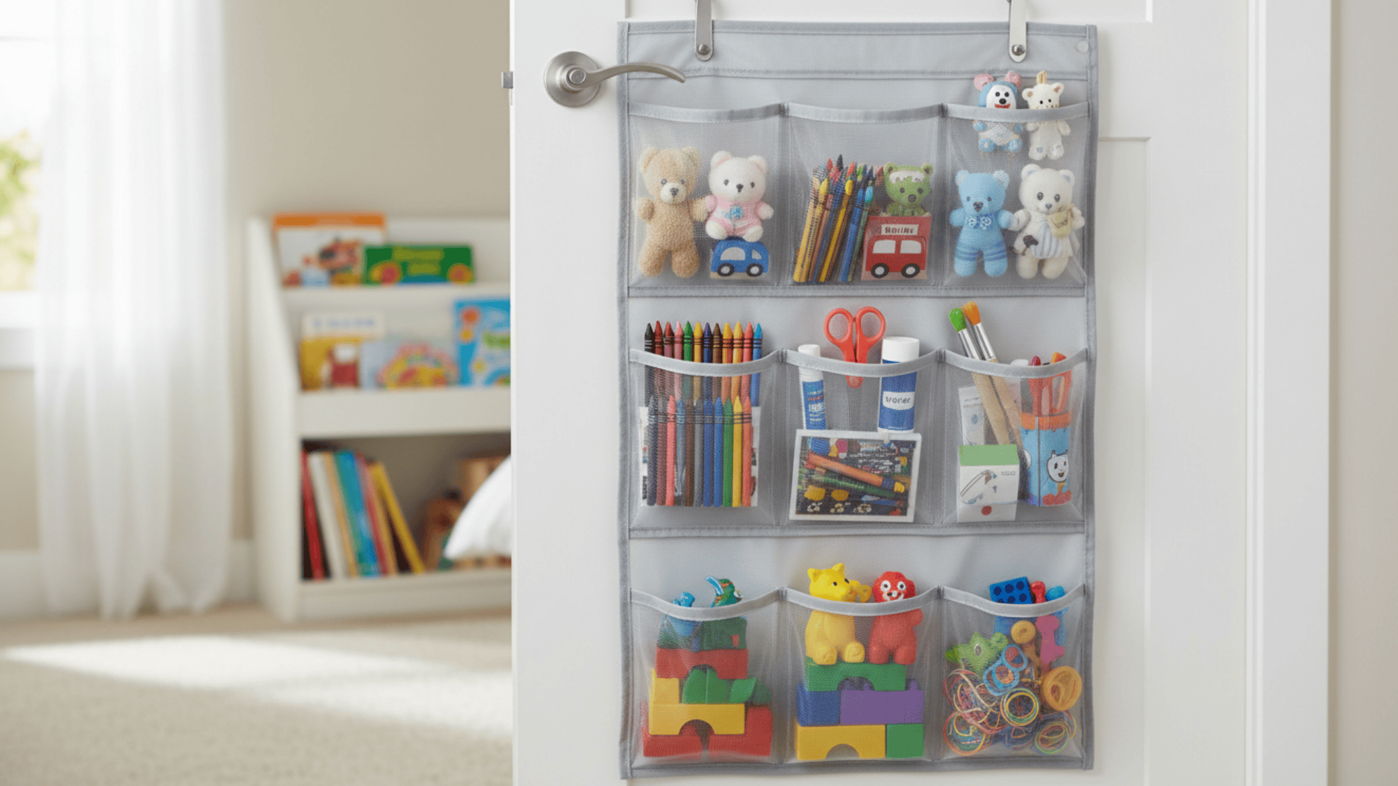 over the door organizer with pockets for kids toys art supplies and books in neat playroom storage setup