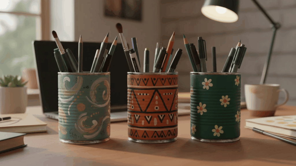painted cans holding pens and pencils on desk with lamp and notebook