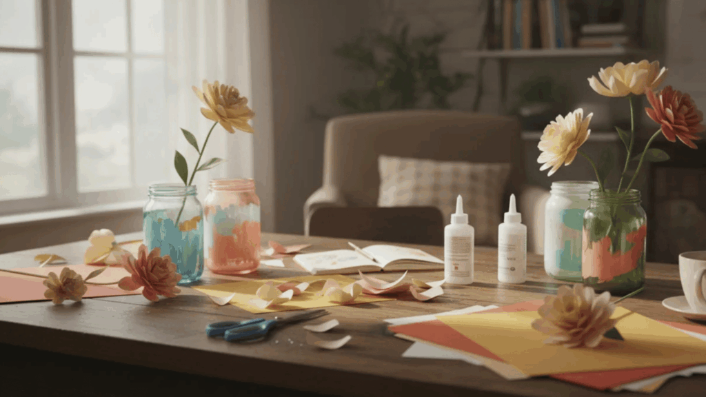 Top 31 Easy Crafts to Do at Home Today painted jars with flowers craft supplies and paper on table in cozy room easy diy crafts to make your home feel better