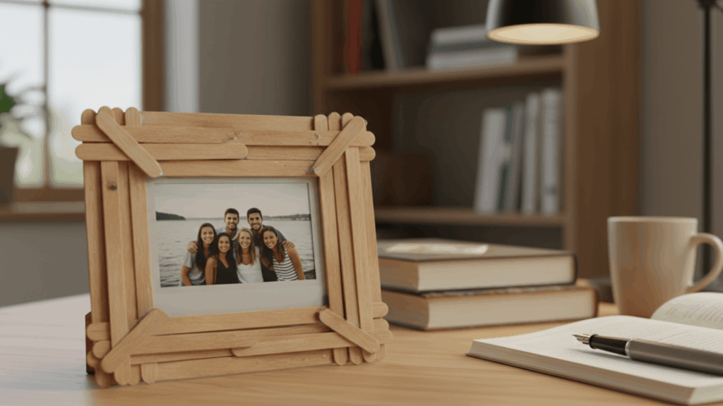 painted jars with flowers craft supplies and paperhandmade wooden photo frame with group picture on desk with books on table in cozy room easy diy craft ideas for home