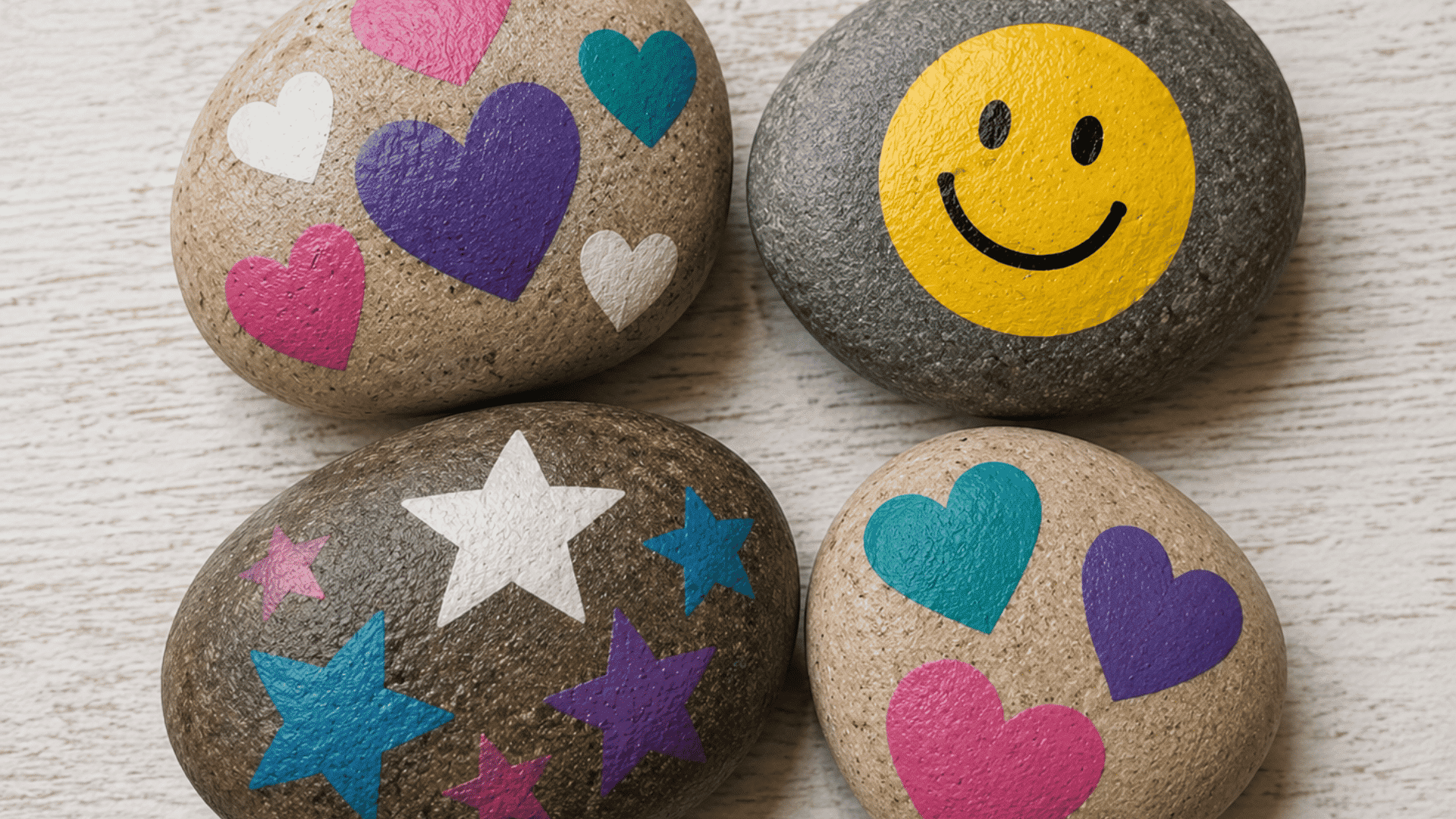 painted rocks with colorful hearts stars and smiley face designs placed on light wooden surface indoors