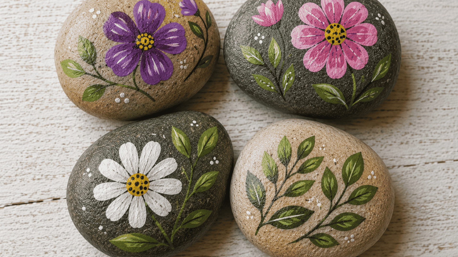 painted stones with hand painted floral designs in purple pink white and green on rustic wooden surface