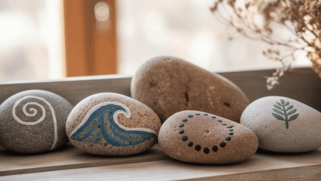 painted stones with simple patterns arranged on wooden shelf near window