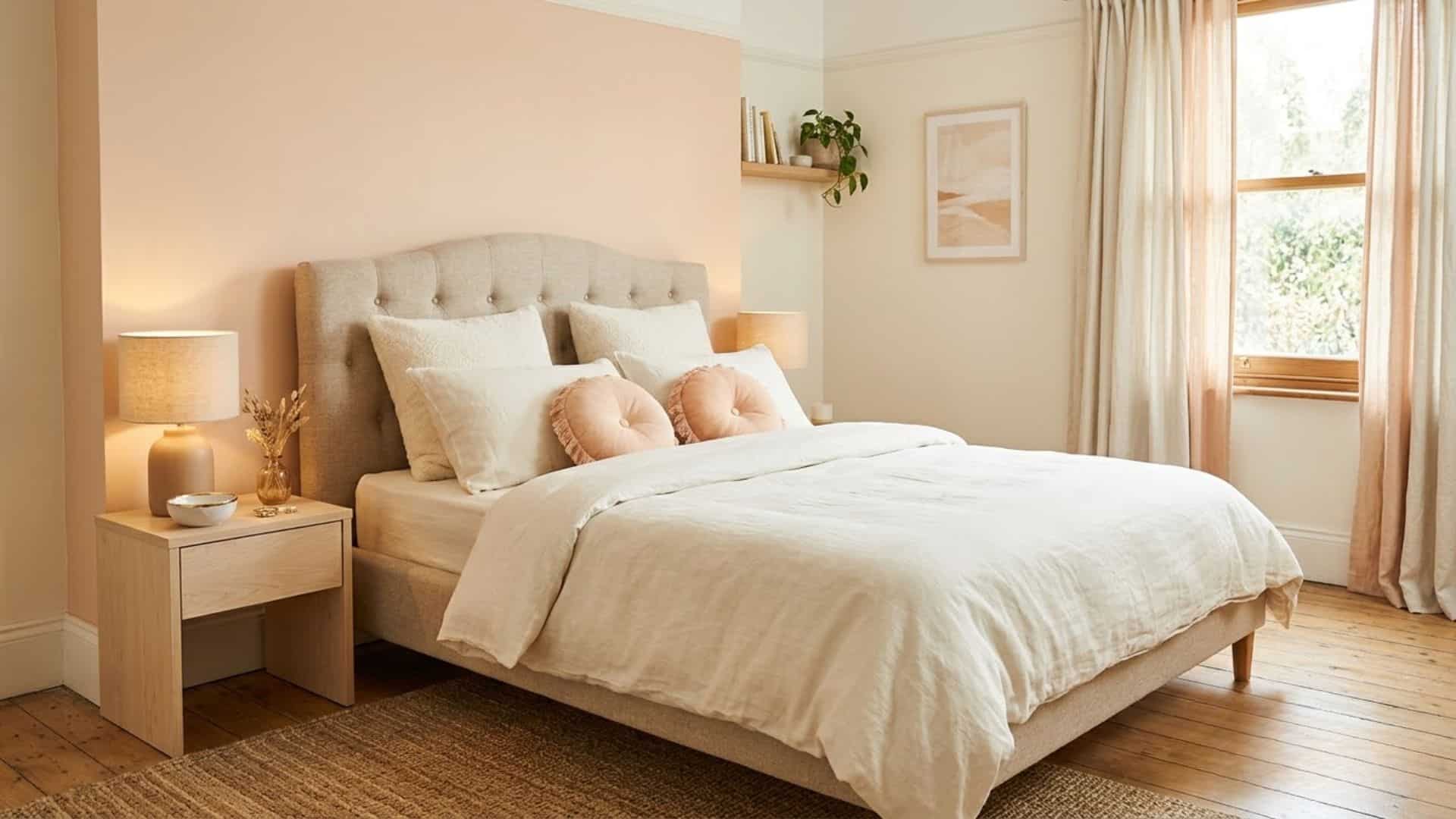 pale peach accent wall bedroom with cream walls cozy bedding and natural textures warm bedroom design