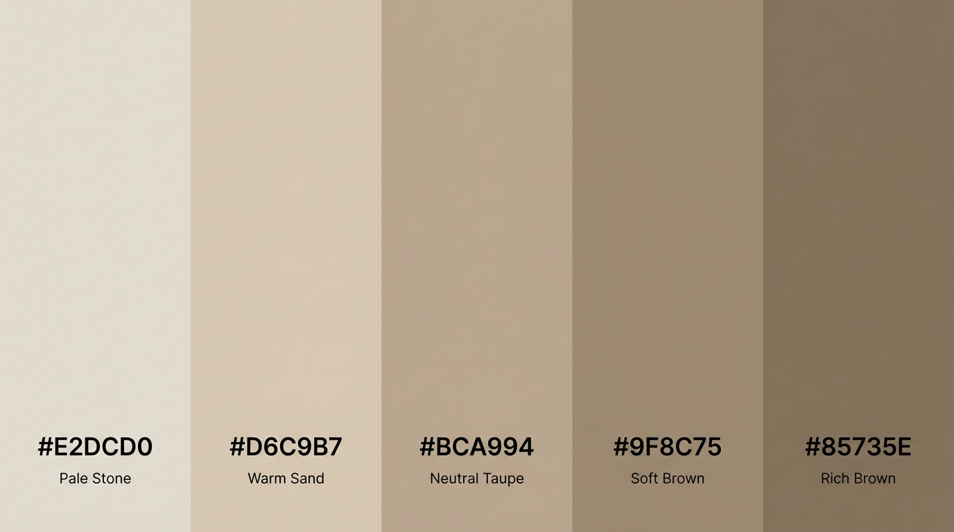 palette of pale stone warm sand neutral taupe and soft brown tones labeled with hex codes under each color strip