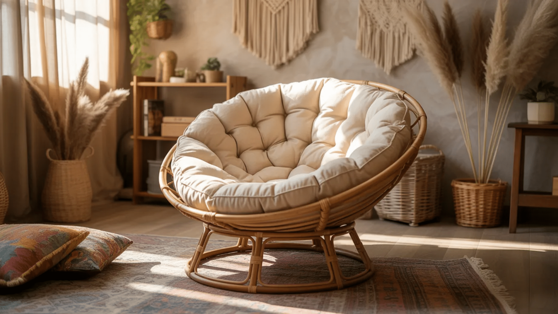 papasan chair with large round bowl shaped seat and thick cushion designed for relaxed casual seating