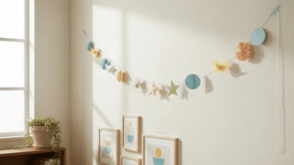 paper garland with shapes hanging on wall above framed art and plant