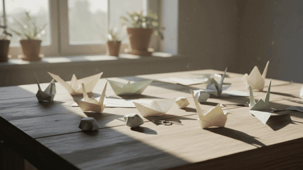 paper origami shapes arranged on wooden table in sunlight near window