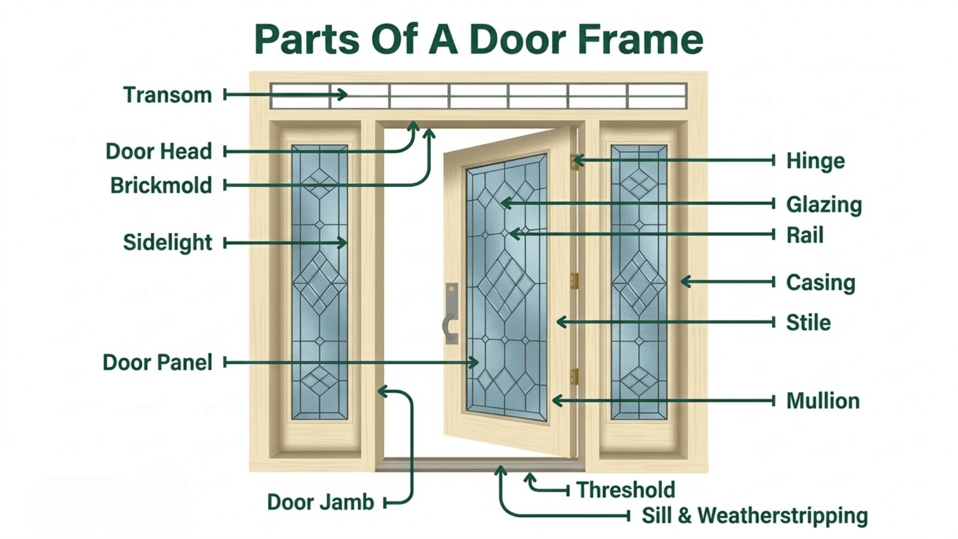 parts of door frame diagram showing jamb transom threshold sill casing mullion hinge labels