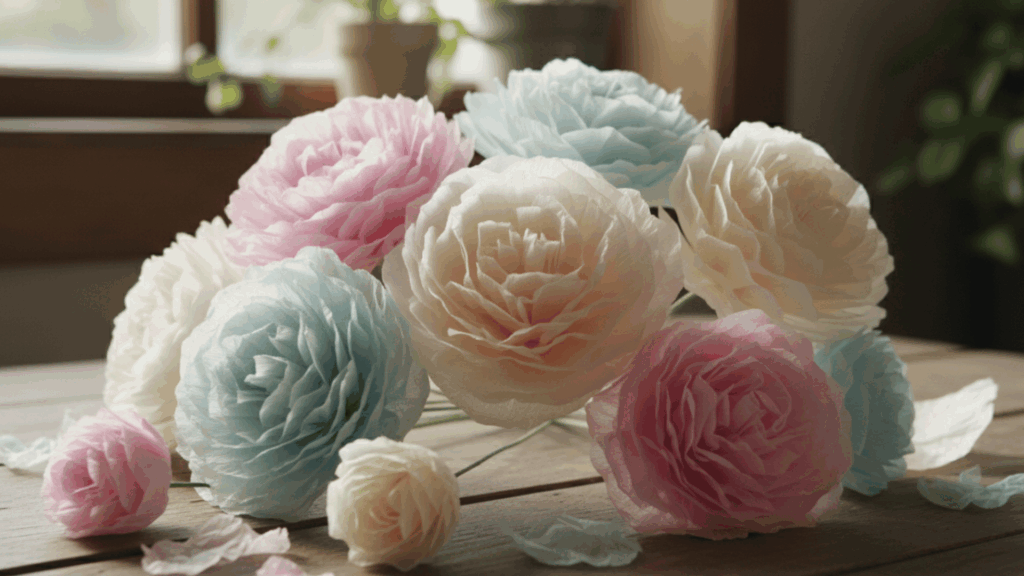 pastel paper flowers on a wooden table with soft lighting and blurred background