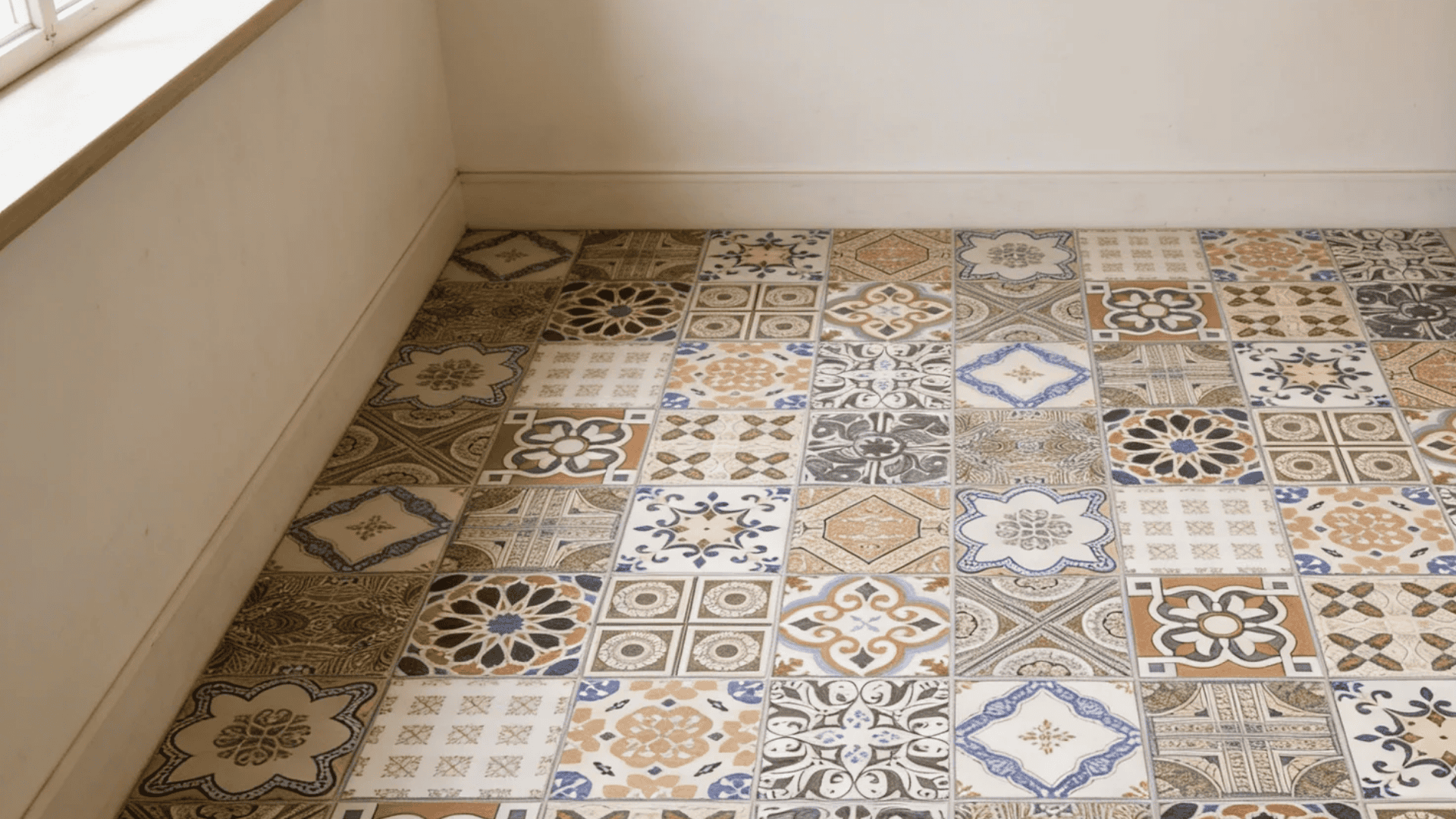 patchwork tile pattern with mixed tile colors and designs creating rich patterned surface look