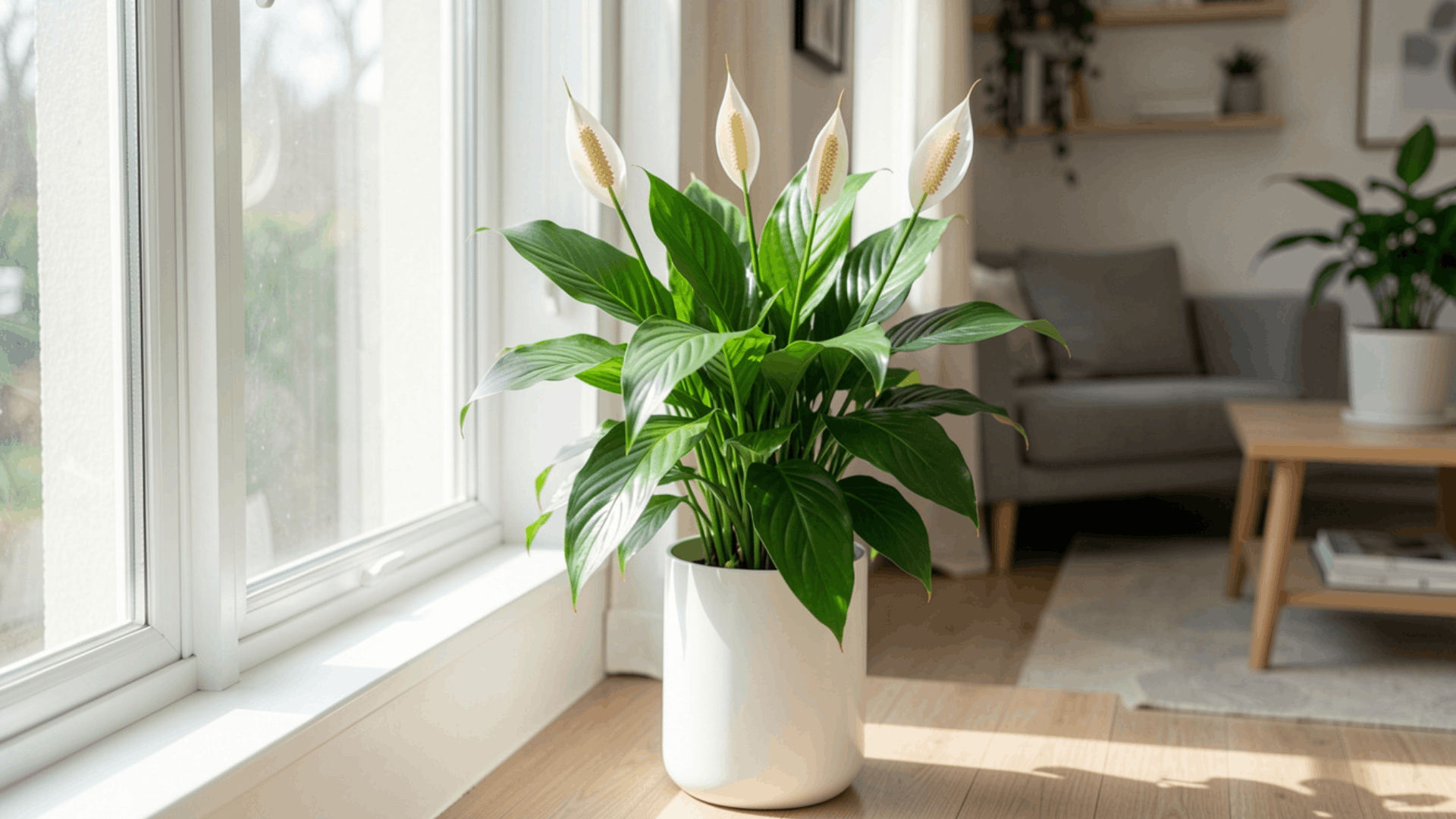 peace lily plant with white flowers in a pot near a bright window inside a cozy room (1) (1)