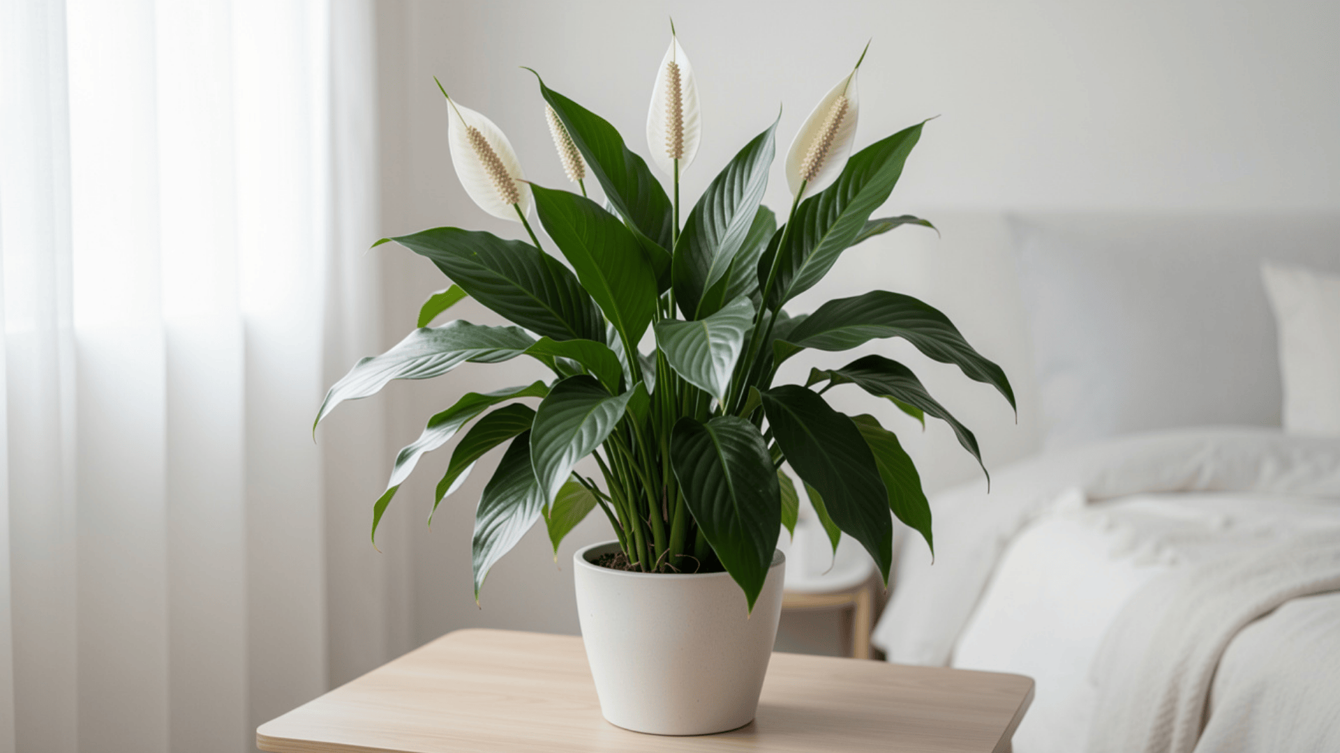 peace lily with white blooms on table showing popular house plants for calm bedroom interior