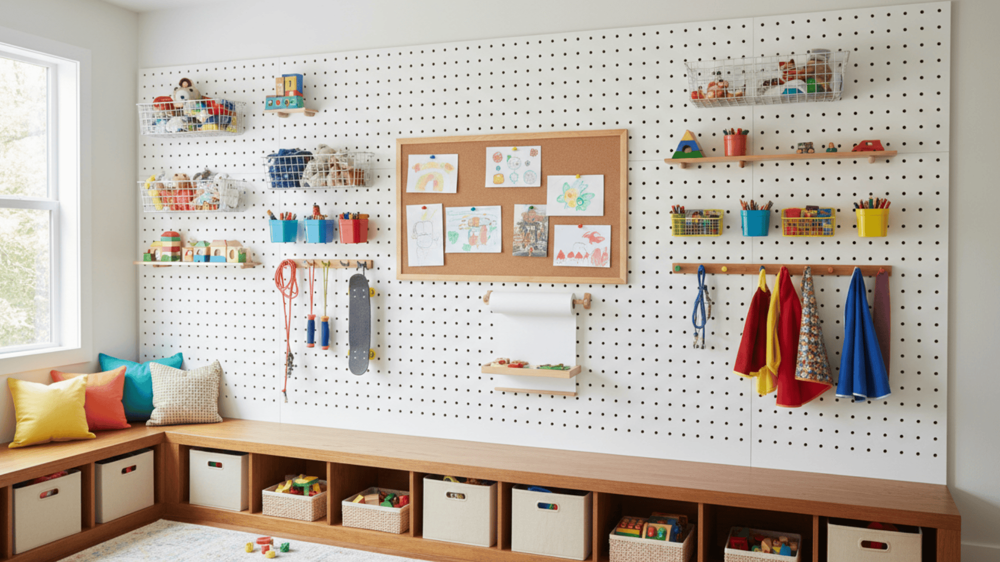 pegboard storage wall with hooks shelves and bins for kids toys art supplies in organized playroom setup