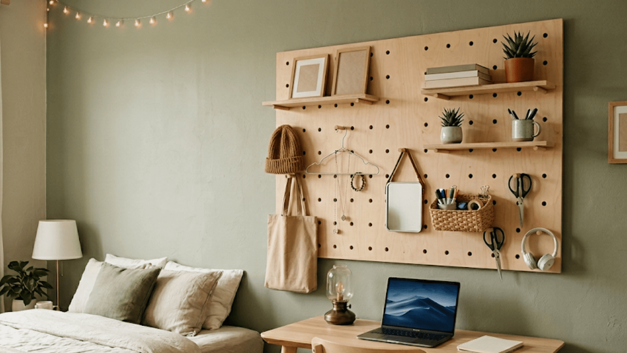 pegboard wall organizer with shelves hooks and items for simple bedroom organization ideas
