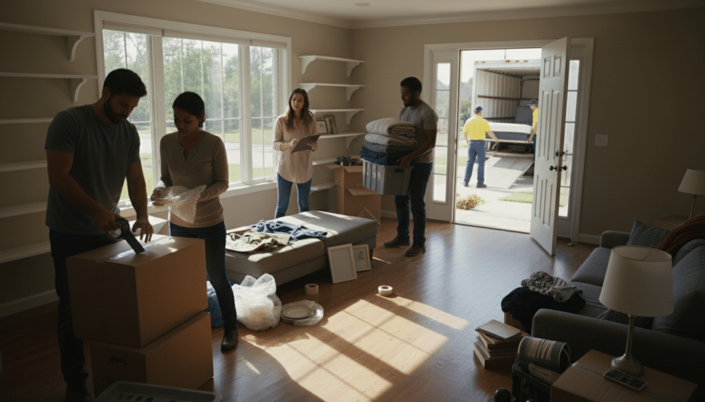 people packing boxes in a sunlit living room while movers load furniture into a truck outside the open door