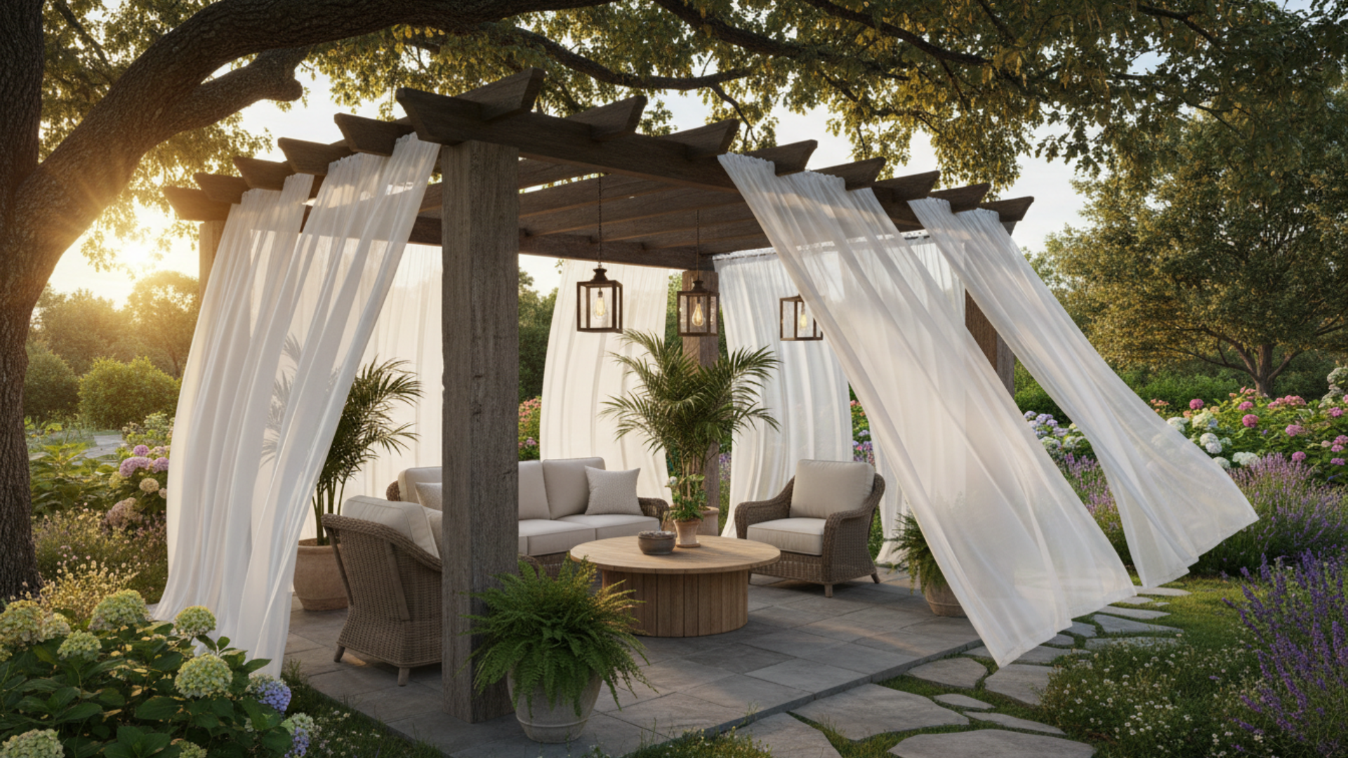 pergola with flowing curtains cozy outdoor seating area