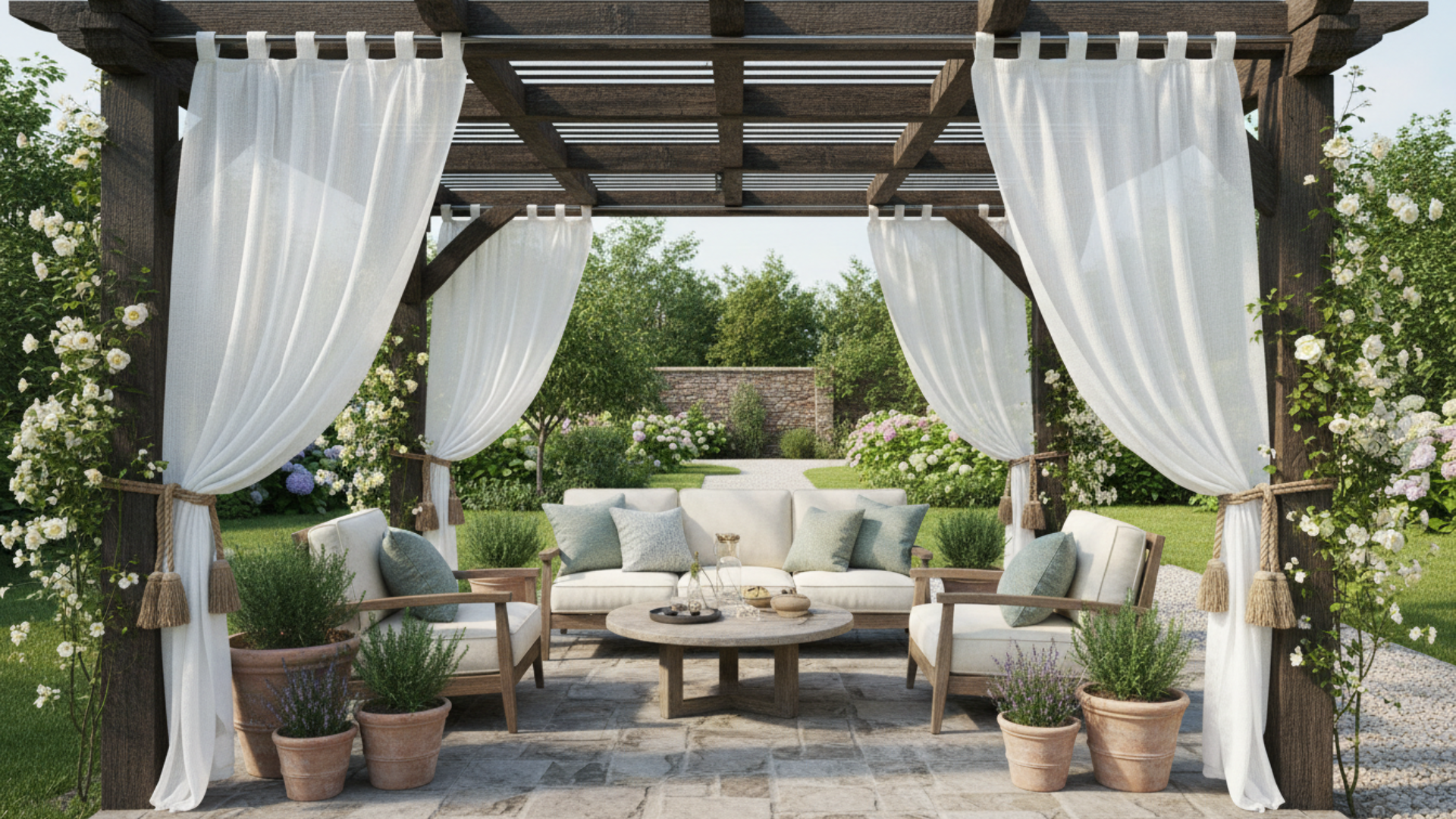 pergola with white curtains garden seating area
