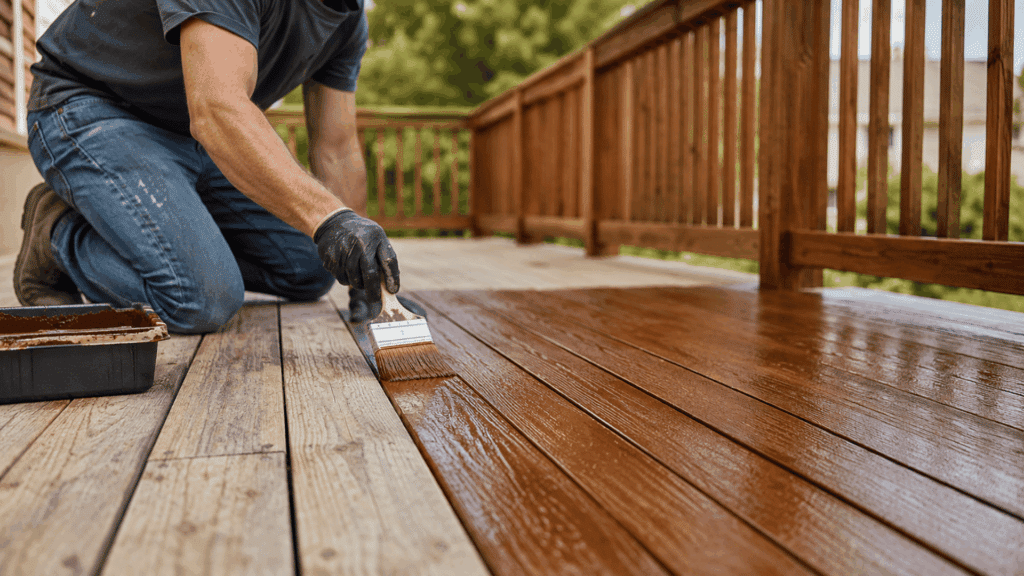person applying rich brown stain to wooden outdoor deck boards with brush during home improvement project
