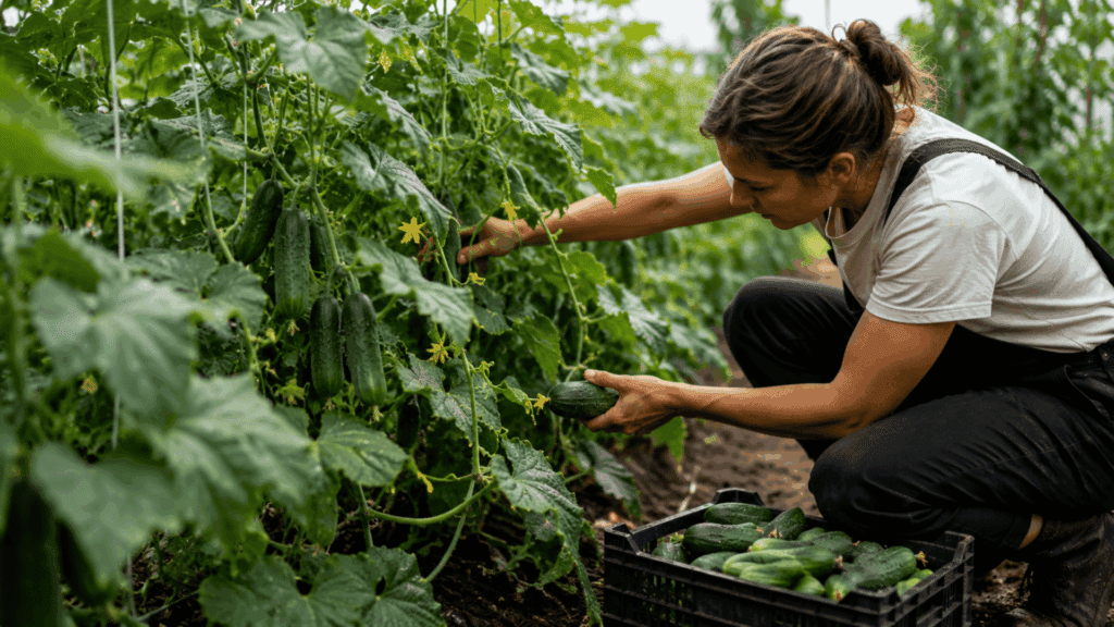 How to Grow and Care for a Cucumber Plant as a Beginner? person harvesting fresh cucumbers from healthy green cucumber vines inside a bright natural greenhouse garden