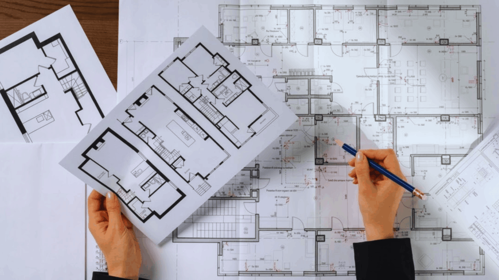 person holding architectural floor plan with reflected ceiling plan