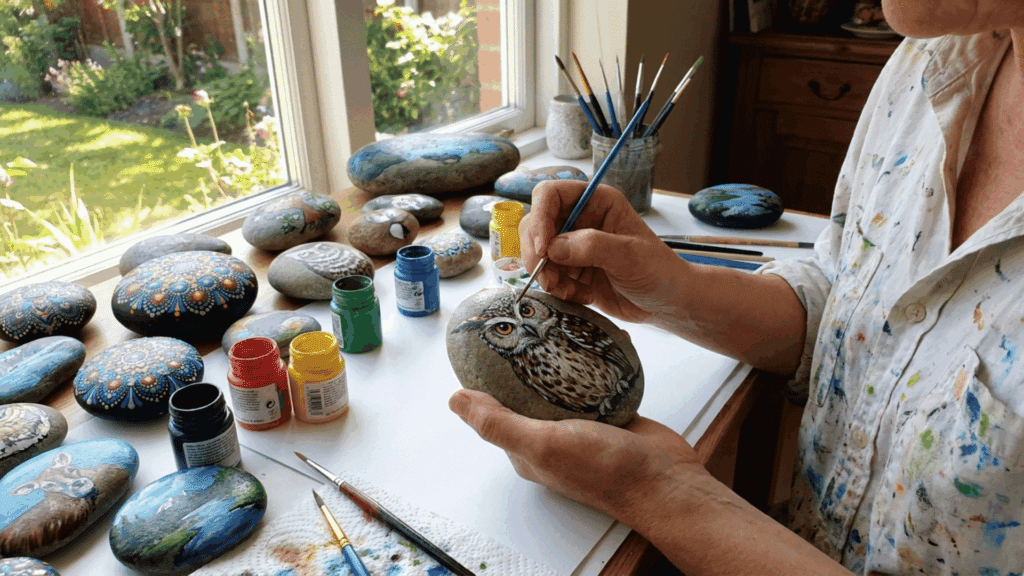 person painting detailed owl design on smooth rock with colorful painted stones brushes and paint jars indoors