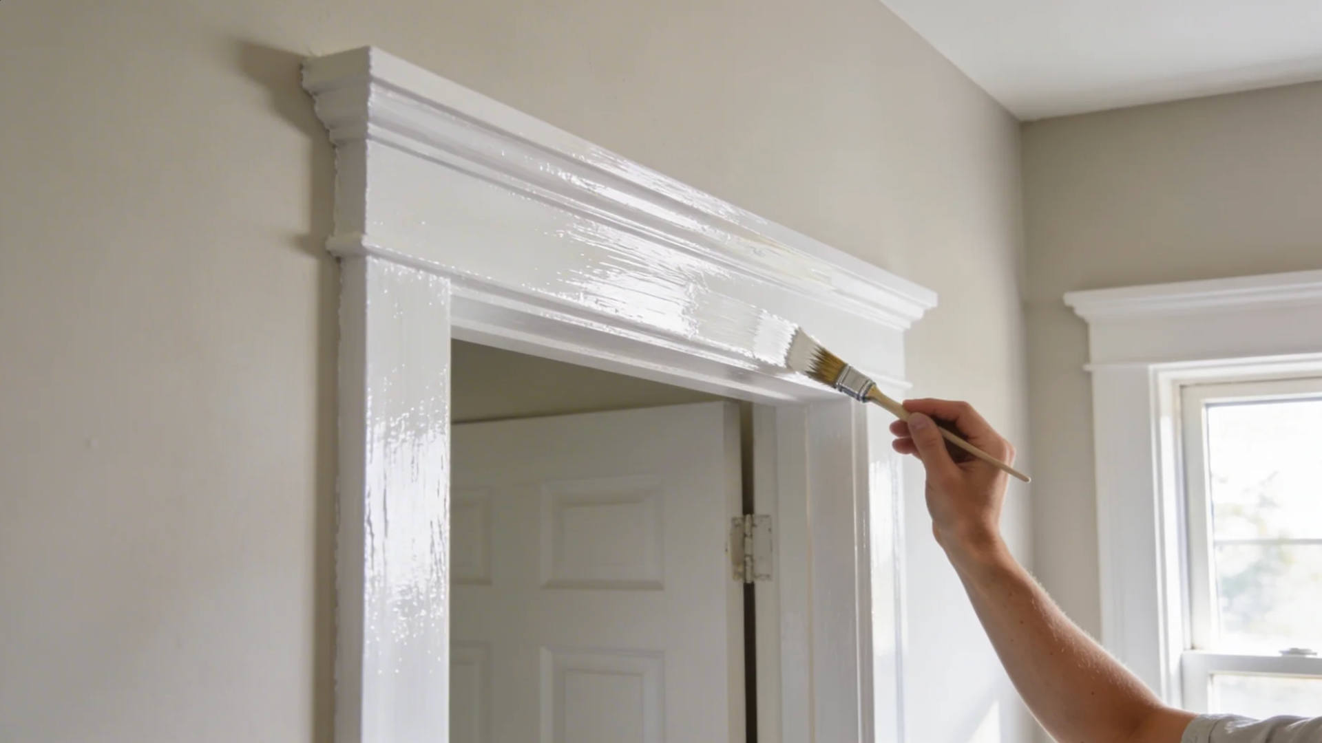 person painting white door frame trim with brush using best paint for trim in bright room near window