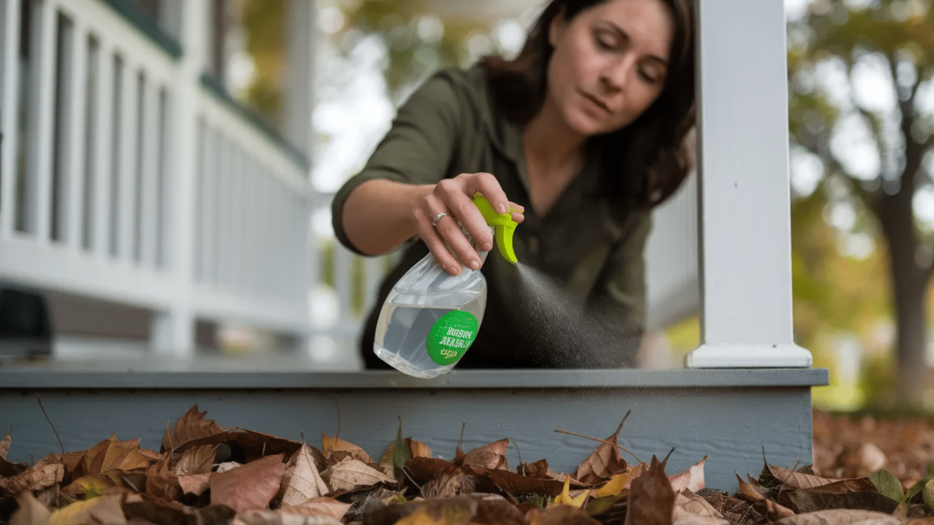 person spraying solution on porch to deter birds