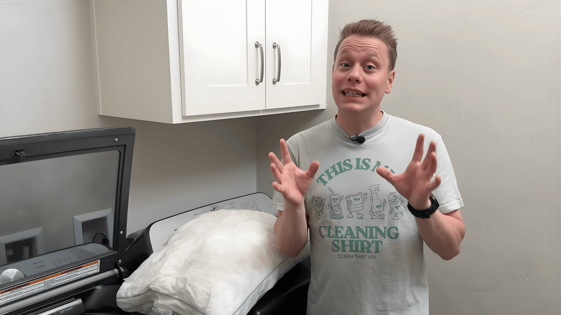 person standing by washing machine explaining how to wash pillows can you wash pillows at home safely