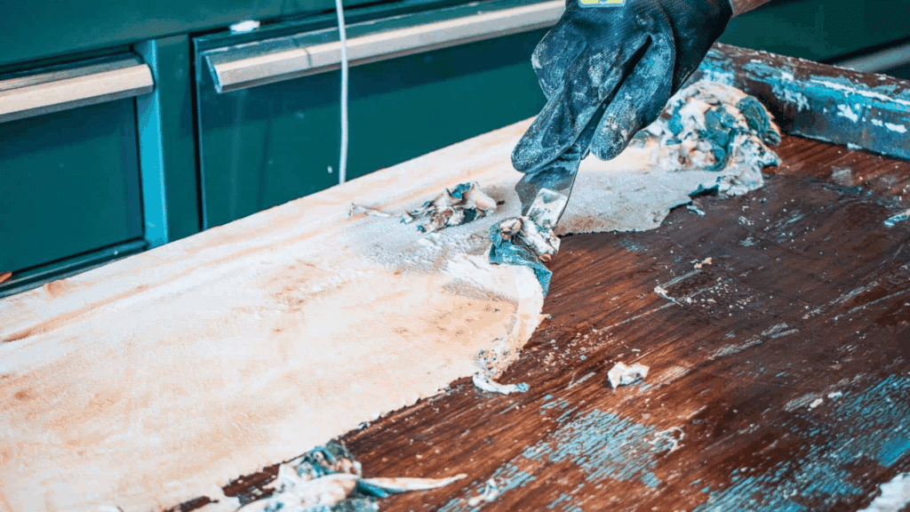 person using a scraper to remove thick old paint from a wooden surface with chemical paint stripper
