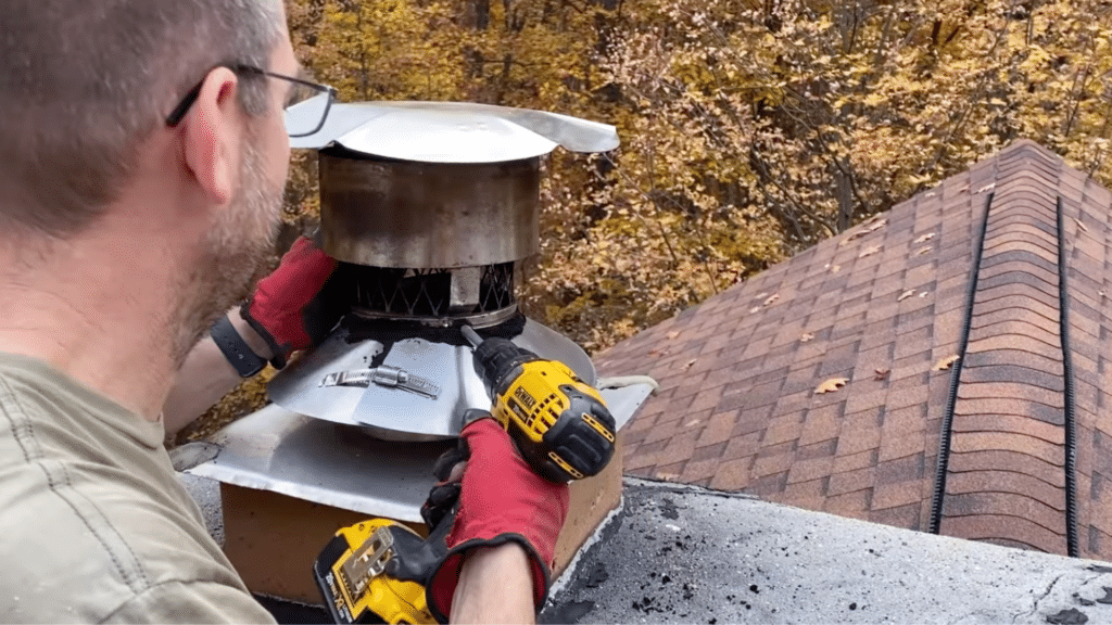 person using drill to secure metal chimney cap on rooftop with gloves and fall trees in background