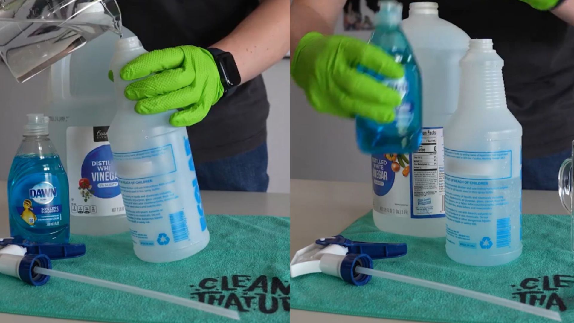 person wearing gloves pouring cleaning liquid into a bottle and mixing solution with household cleaning supplies on a table.