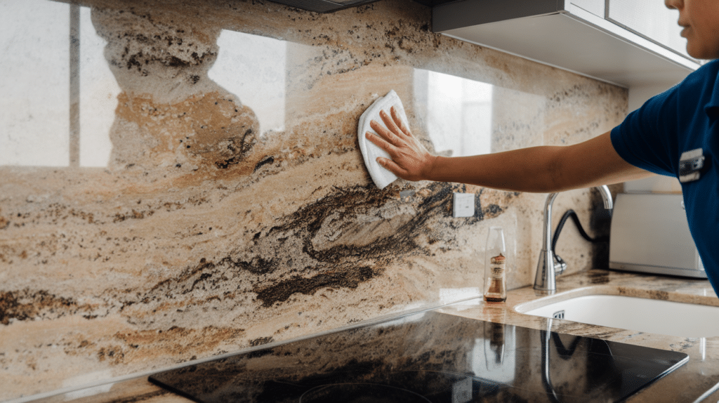 person wiping a granite backsplash with a cloth using homemade granite cleaner in a kitchen