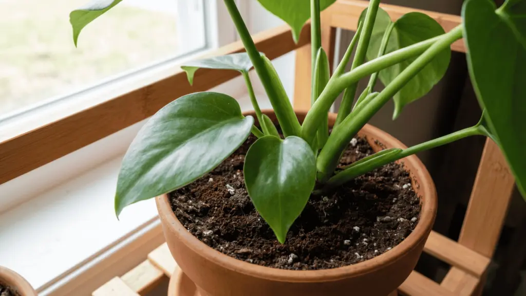 Indoor potted philodendron plant with green leaves and soil lightly mixed with coffee grounds.