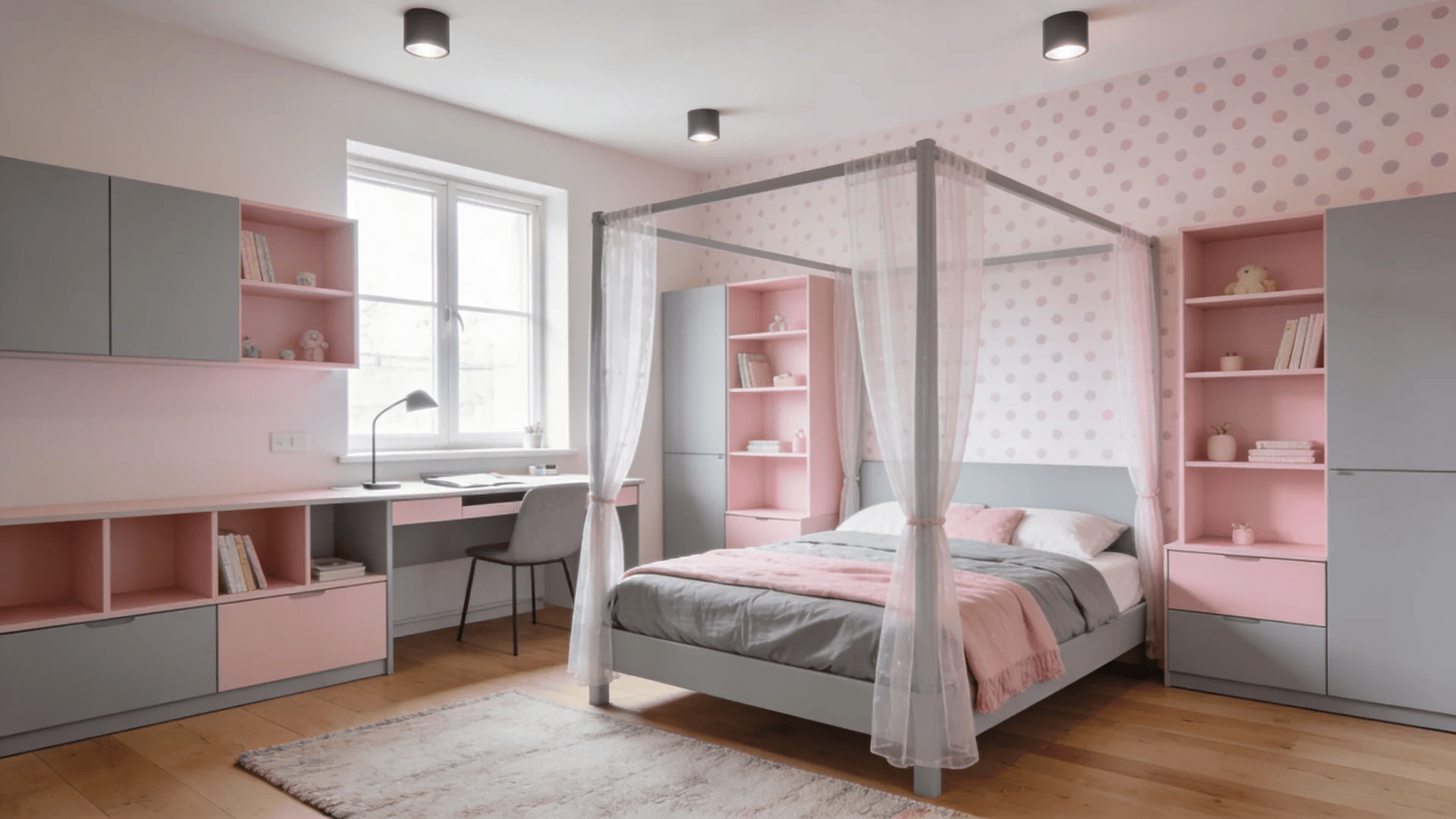 pink and gray bedroom with canopy bed desk shelves polka dot wall and soft natural light