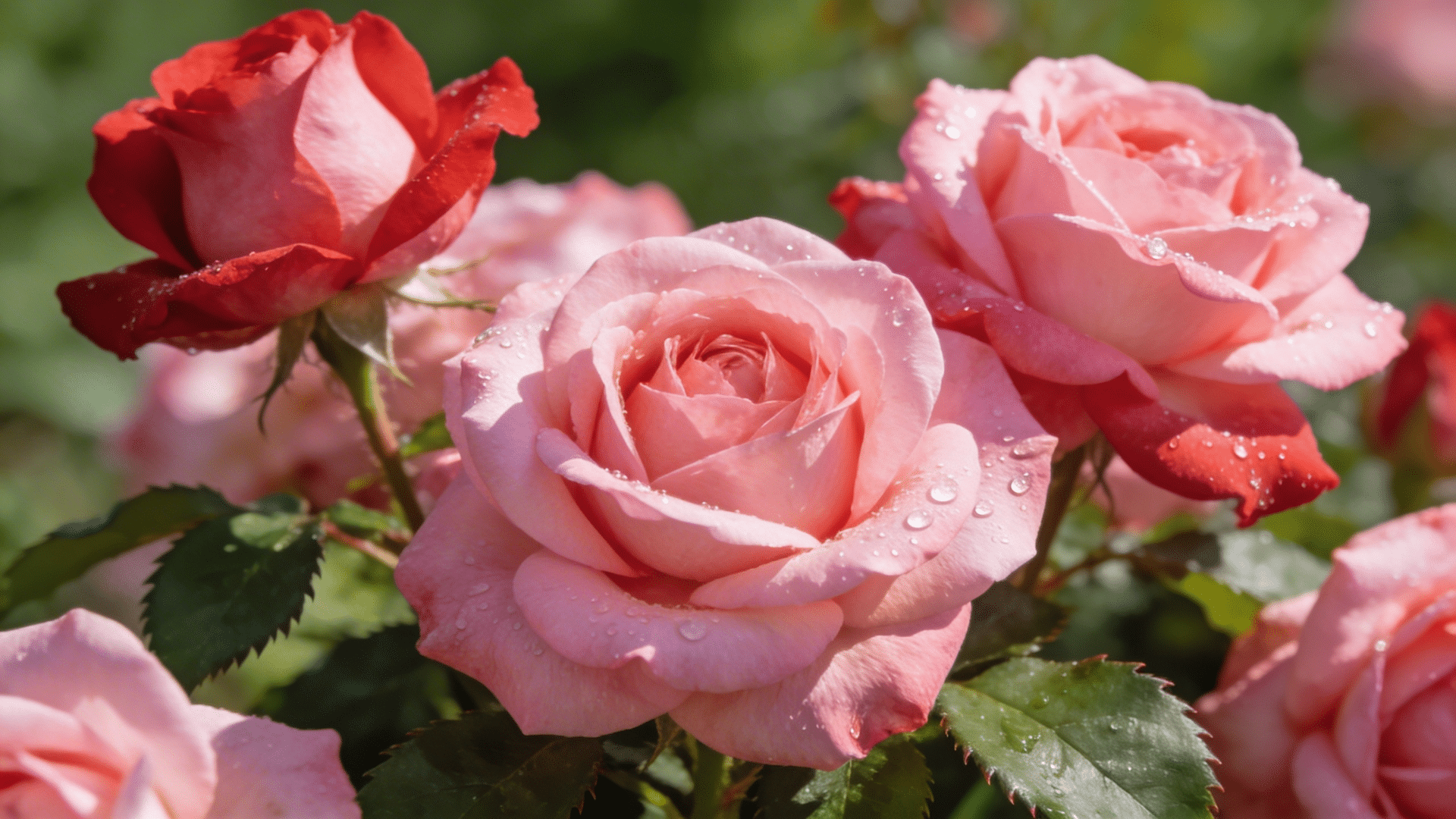 pink and red rose blooms with water drops in sunlight garden scene