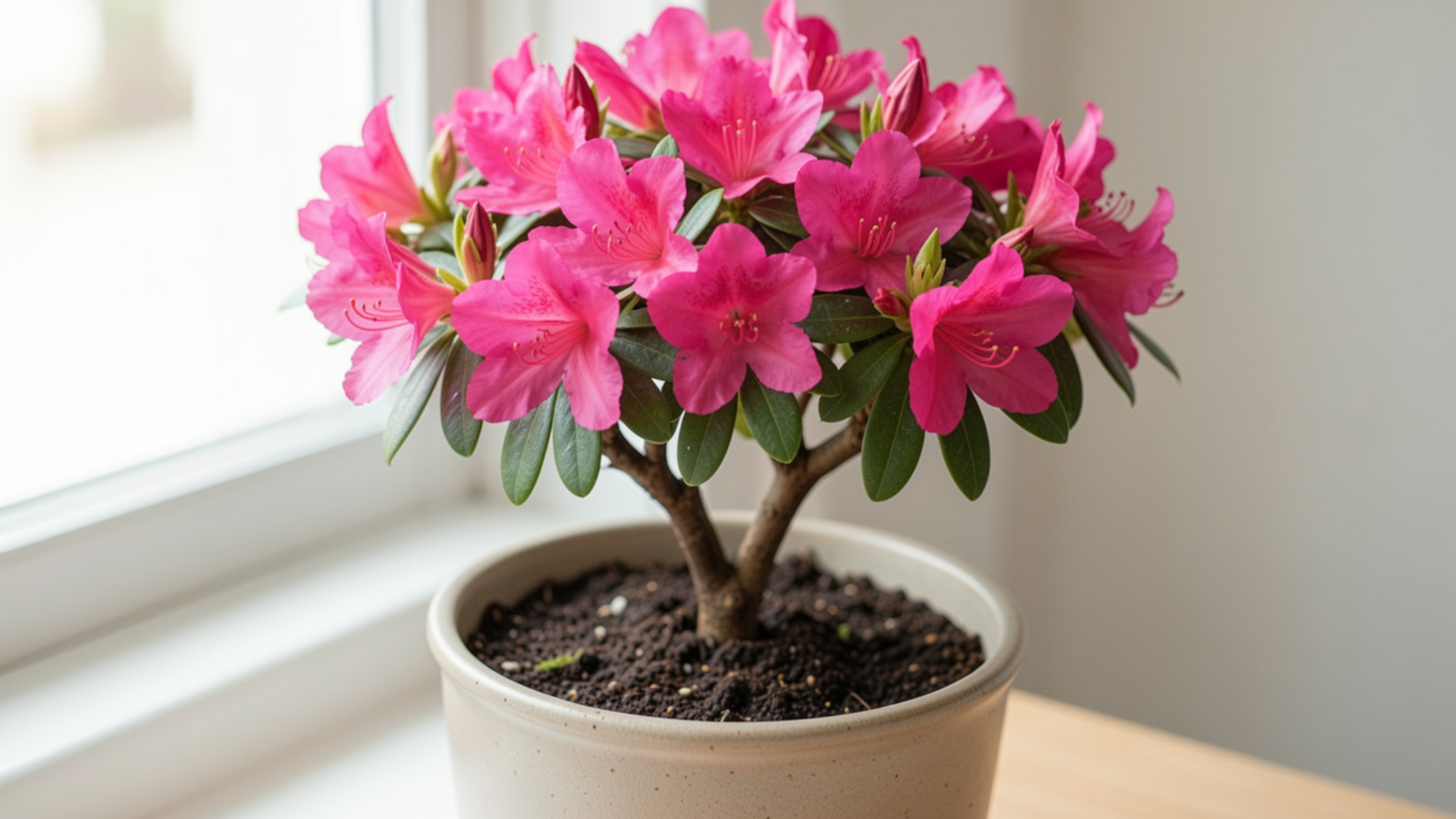 pink azalea flowers blooming on a small indoor potted plant near a bright window
