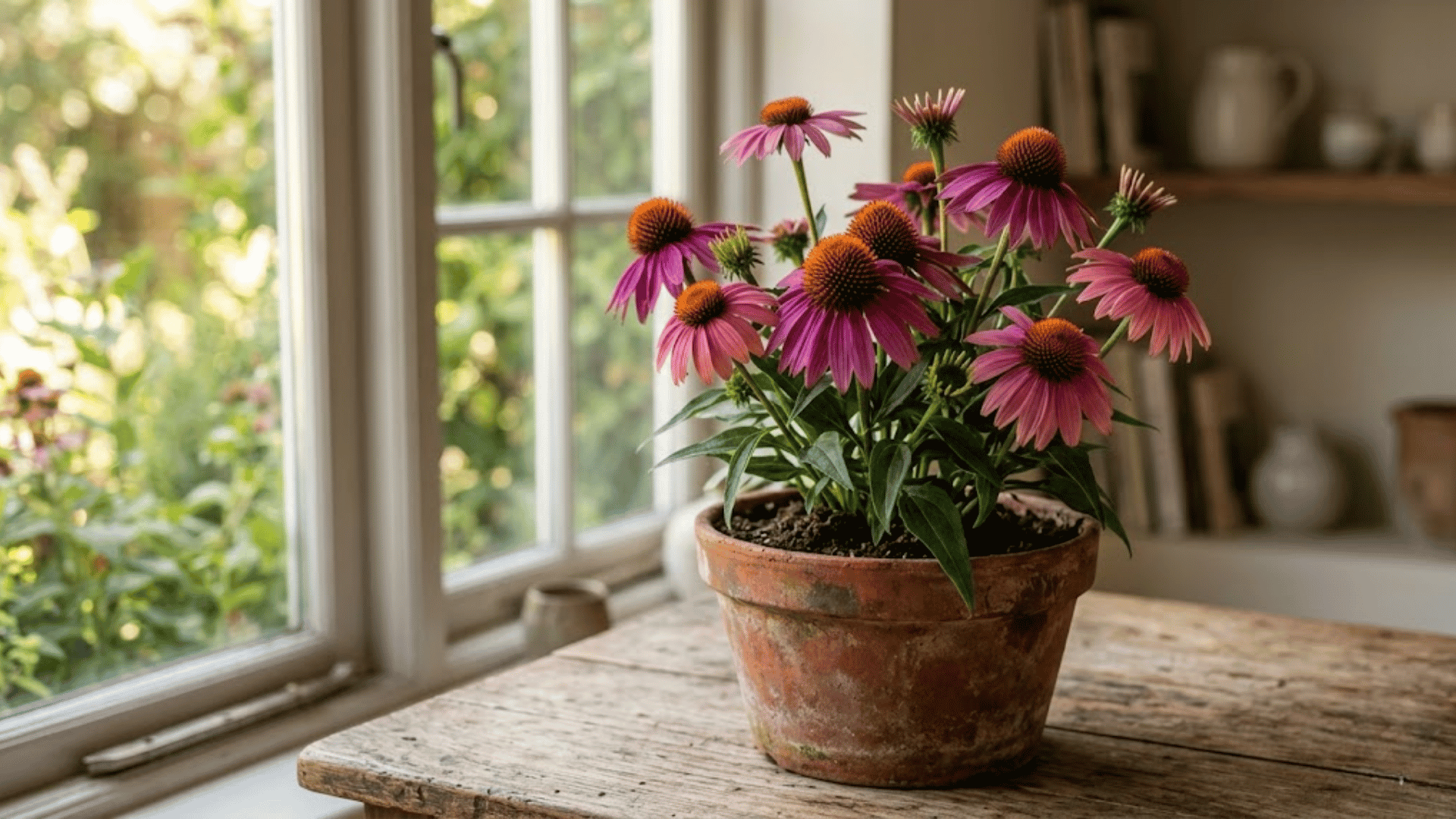 Pink coneflowers in clay pot near window, perfect low maintenance outdoor plants display