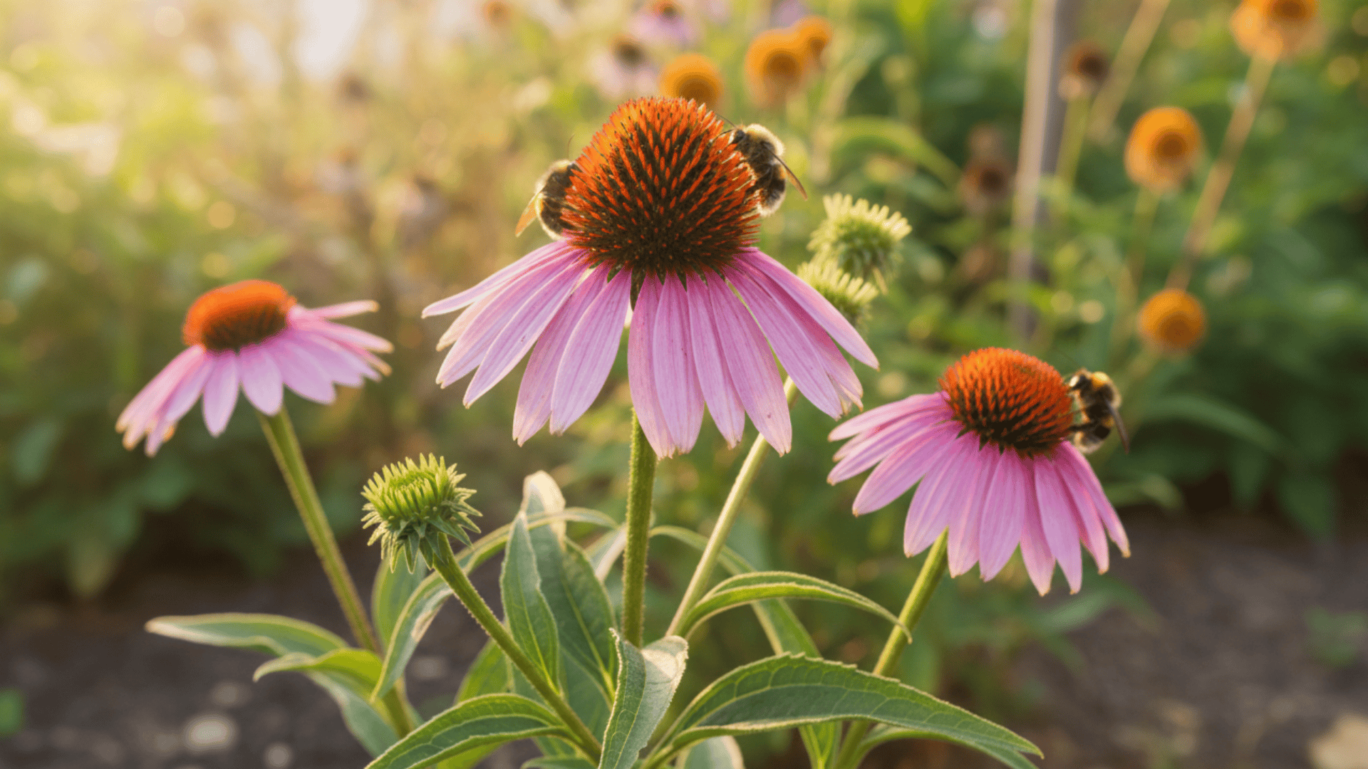pink coneflowers with orange centers in garden with bees collecting nectar in warm sunlight