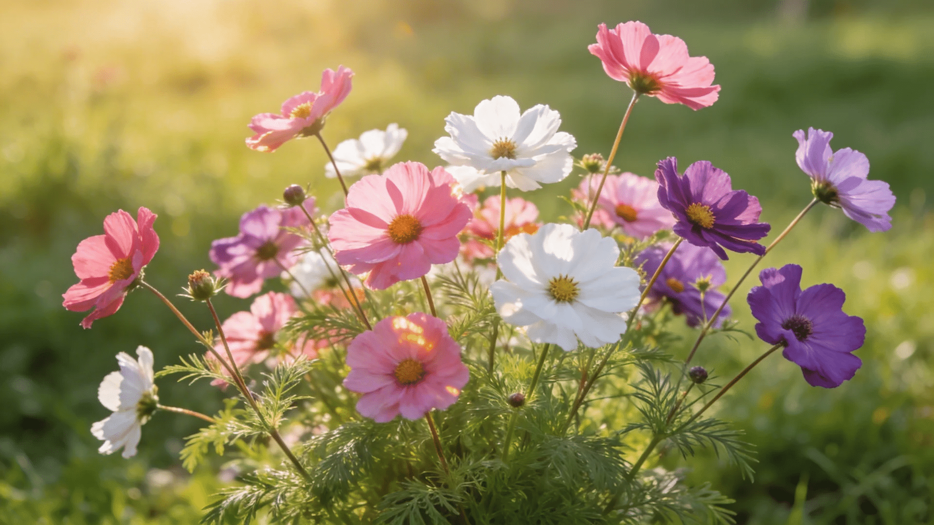 pink white and purple cosmos flowers glowing in warm sunlight in a meadow