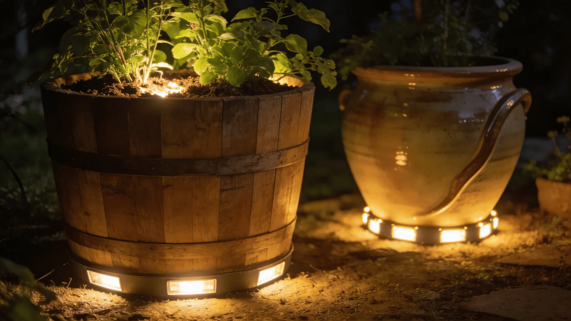 planter pots with built in lights illuminating plants and ceramic pot in garden at night