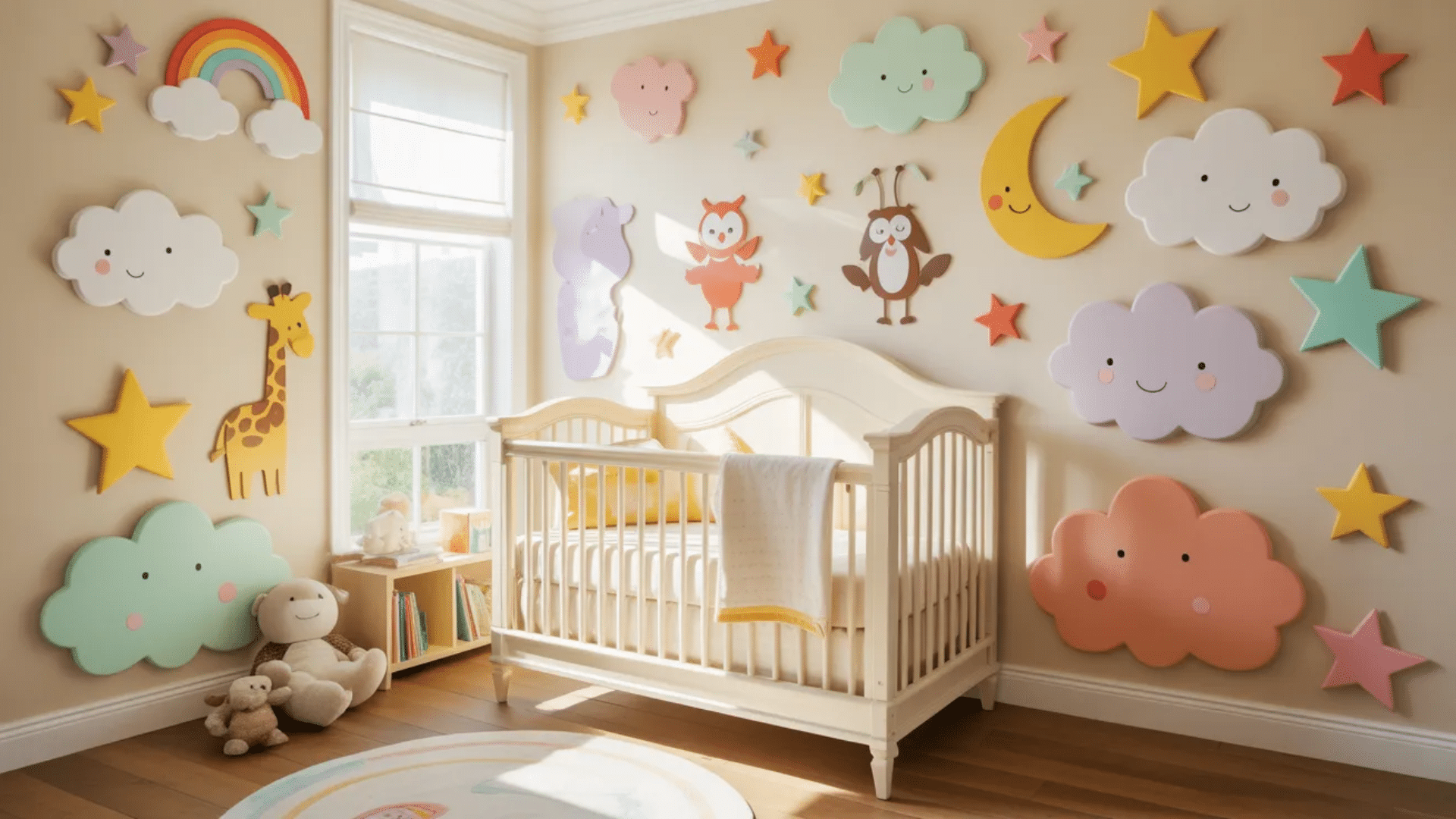 playful wall decal nursery ideas with colorful clouds stars animals
