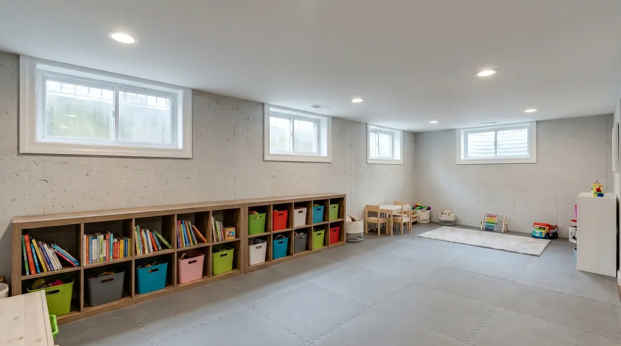 Basement playroom with toy storage and elevated windows