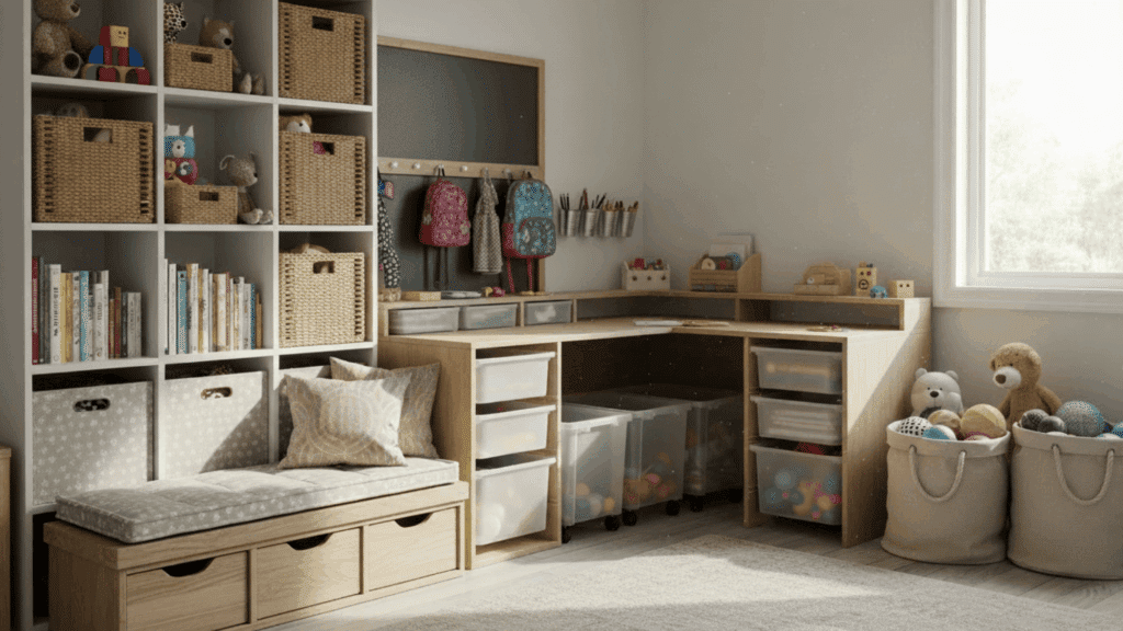 playroom storage ideas with cubby shelves baskets drawers and desk keeping toys neat and organized