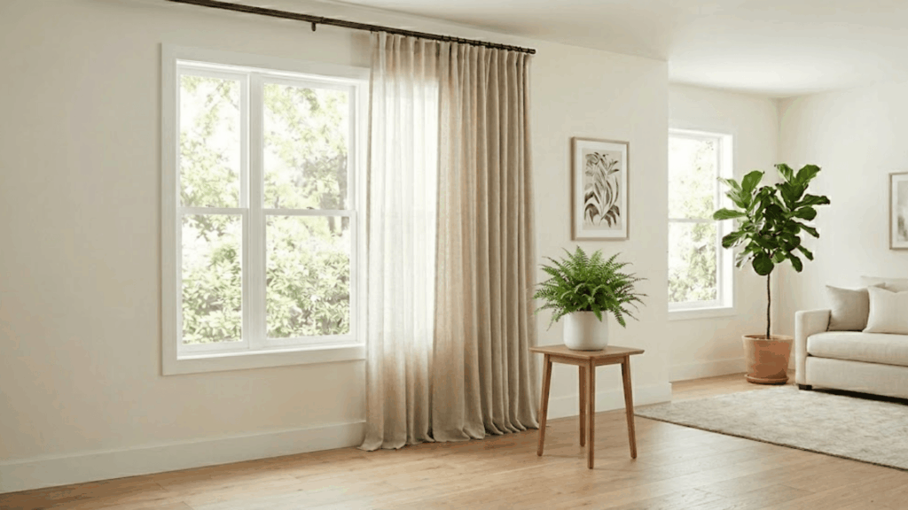 popular house plants on table beside window with beige curtains reaching floor in bright living room