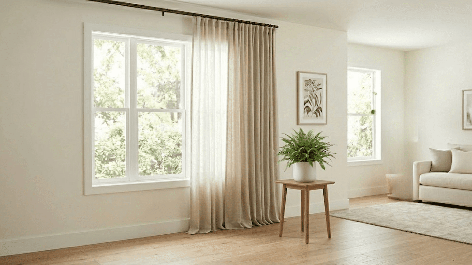 popular house plants on table beside window with beige curtains  reaching floor in bright living room