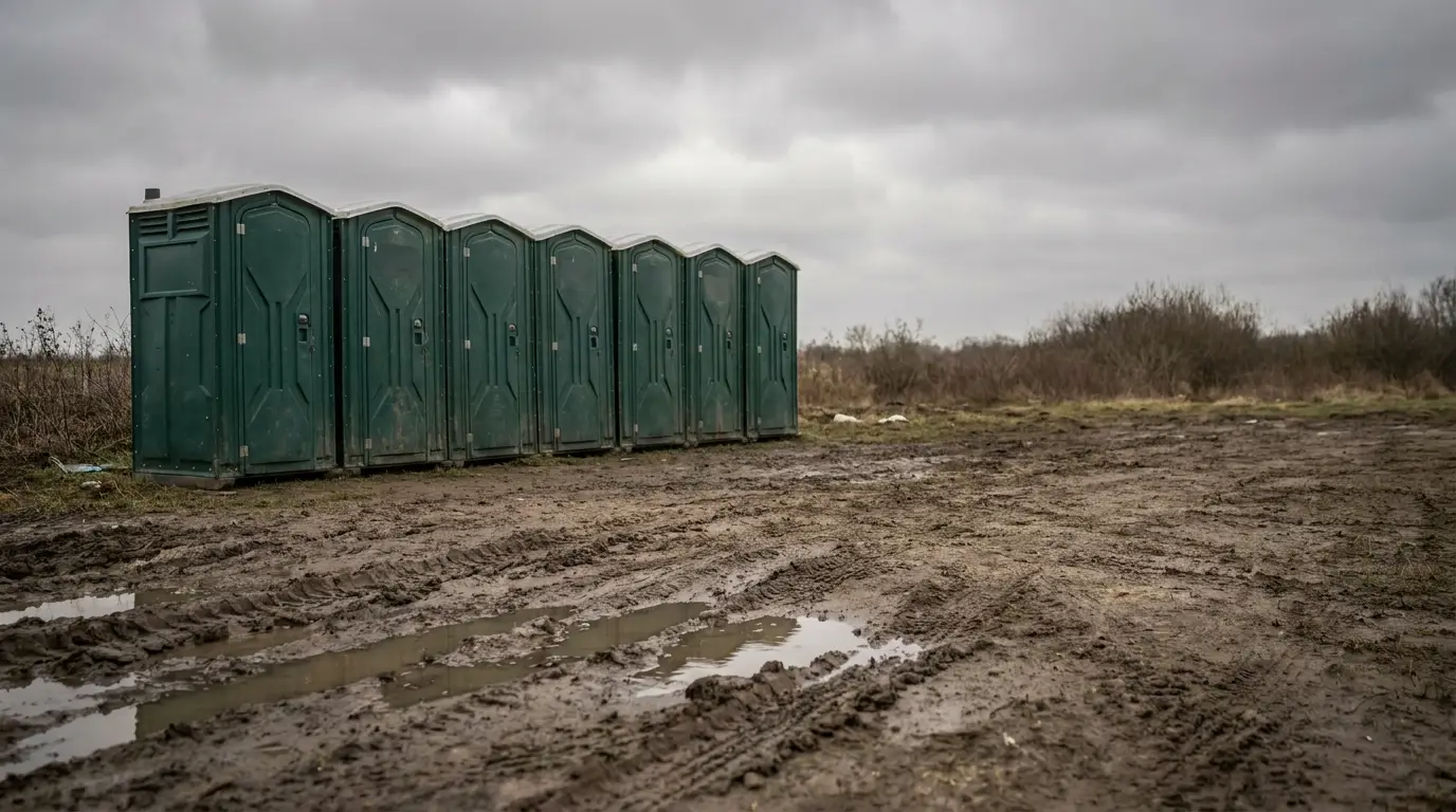 Line of green portable toilets on muddy outdoor terrain under cloudy sky
