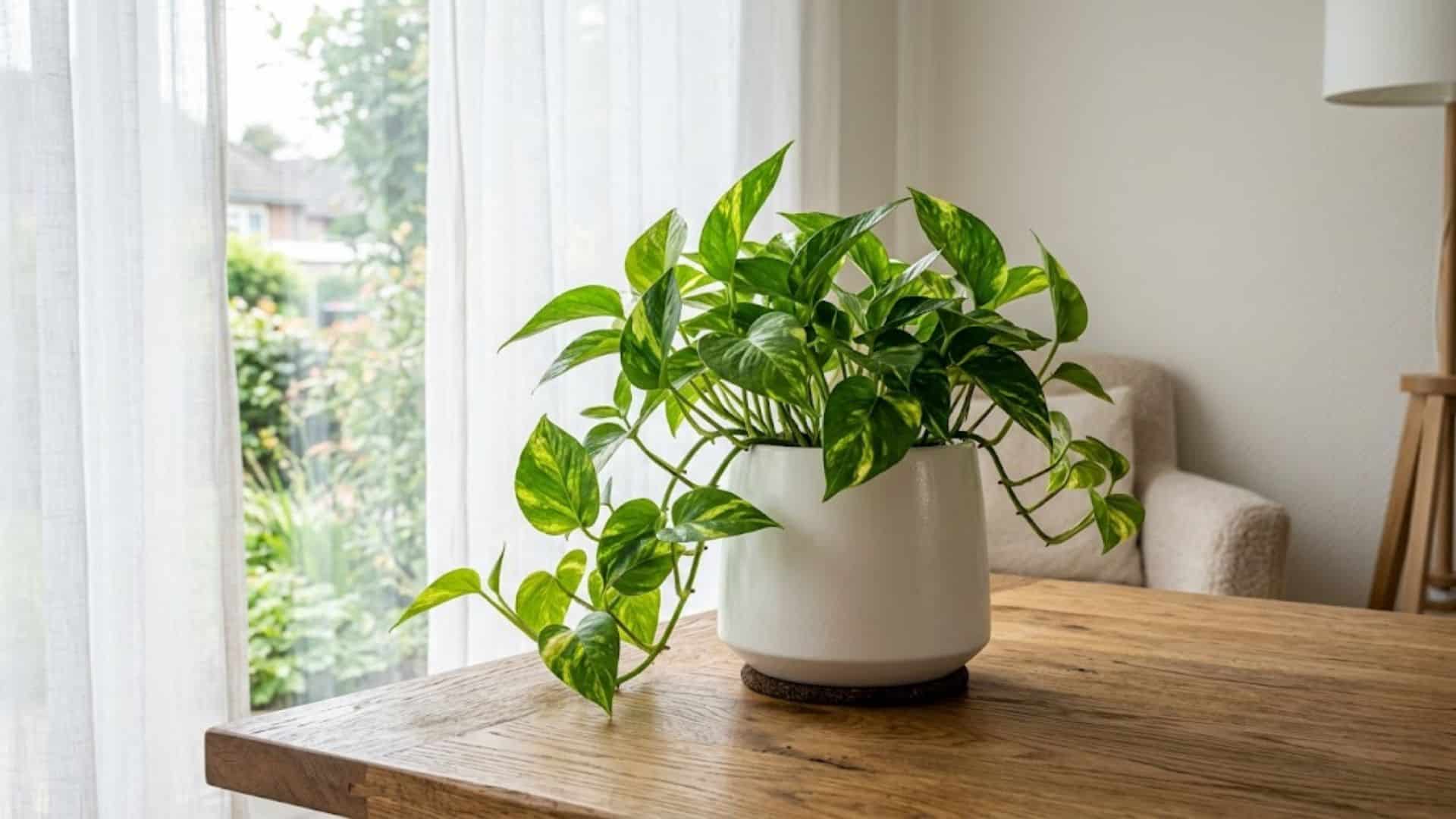 pothos plant placed near window in indirect light showing ideal lighting for healthy growth